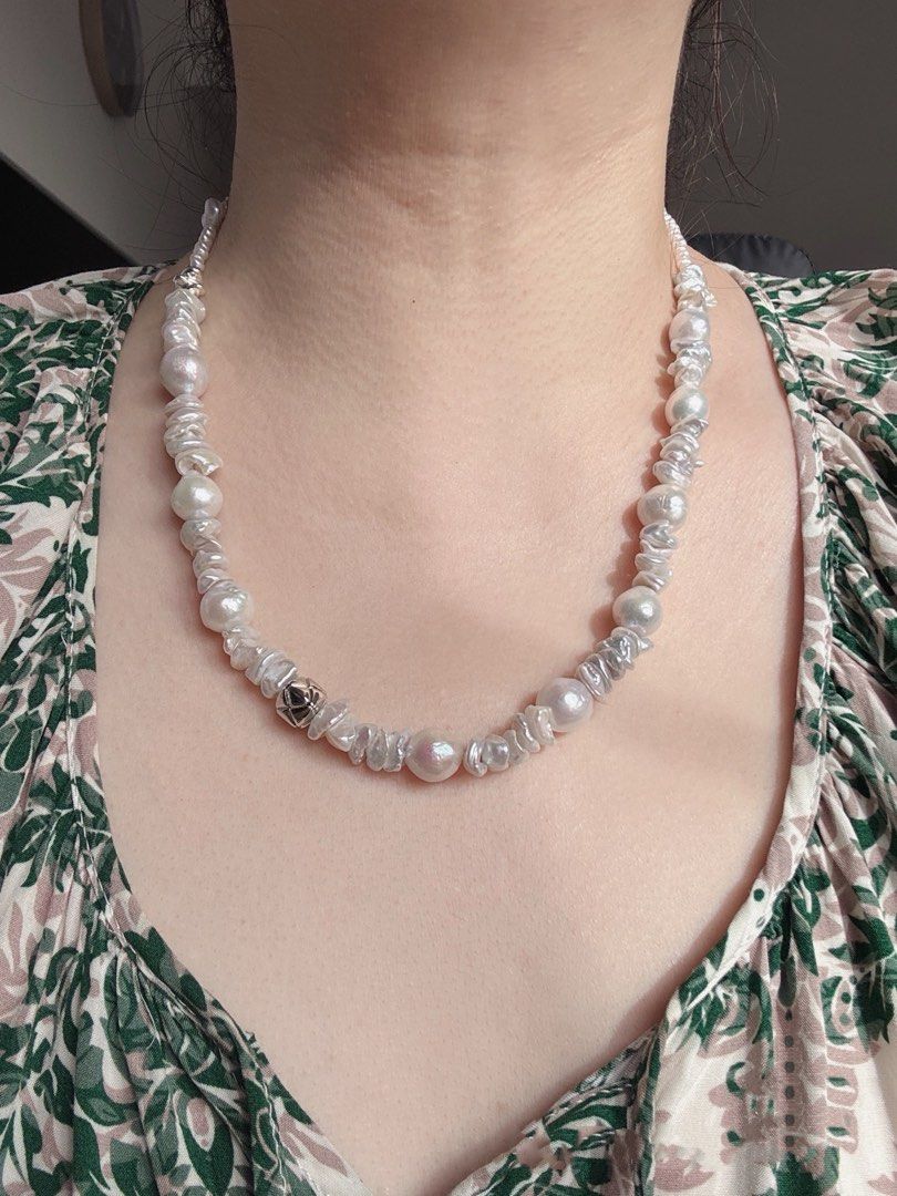 #PN51 Vintage Elegance| Freshwater Pearl Necklace | Layered Petals| Big & Baby Baroque Pearl | Silver-grey Lustre
