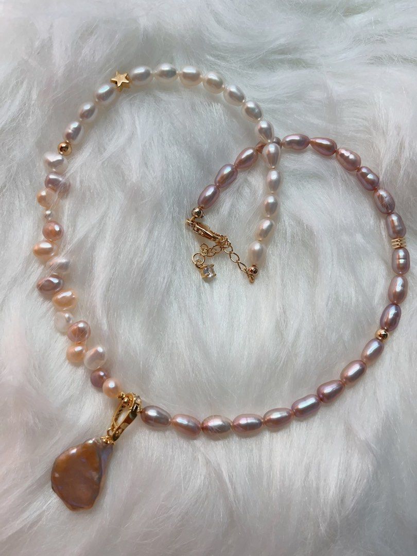 #PN284 Radiance of the Sea| Freshwater Pearl Necklace | Wheat Ears Design| Removable Pendant | Lustrous | Big Petal Pearl | Rice Pearl