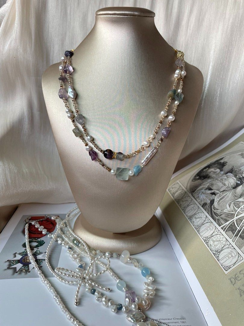 #PN249 Purely Natural |Freshwater Pearl Necklace & Earrings Set|Faceted Fluorite |Double-layer|Purple Phantom