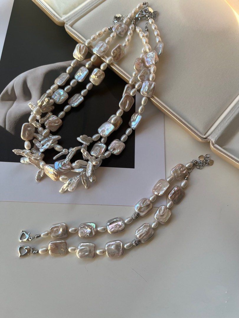 #PN205 White Wind|Freshwater Pearl Necklace & Bracelet Set |Rice Pearl |Square Shaped Pearl |Lute Shaped Pearl |Good Lustre