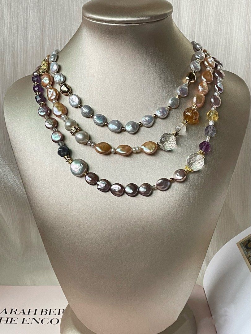 #PN06 Pearl Whispers |Freshwater Pearl Necklace |Lustrous Coin Pearls|Fluorite, Amethyst, Clear Quartz