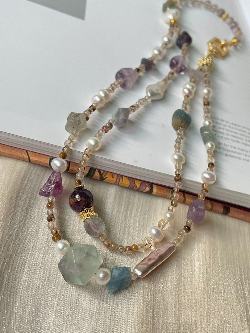 #PN249 Purely Natural |Freshwater Pearl Necklace & Earrings Set|Faceted Fluorite |Double-layer|Purple Phantom