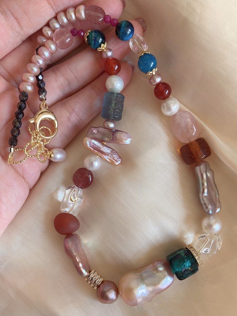 #PN206 Handmade Original Design Freshwater Pearl Necklace & Bracelet Set|Baroque Pearl |Edison Pearl |Natural Stones |Rose Quartz|White Agate|Red & Green Fluorite
