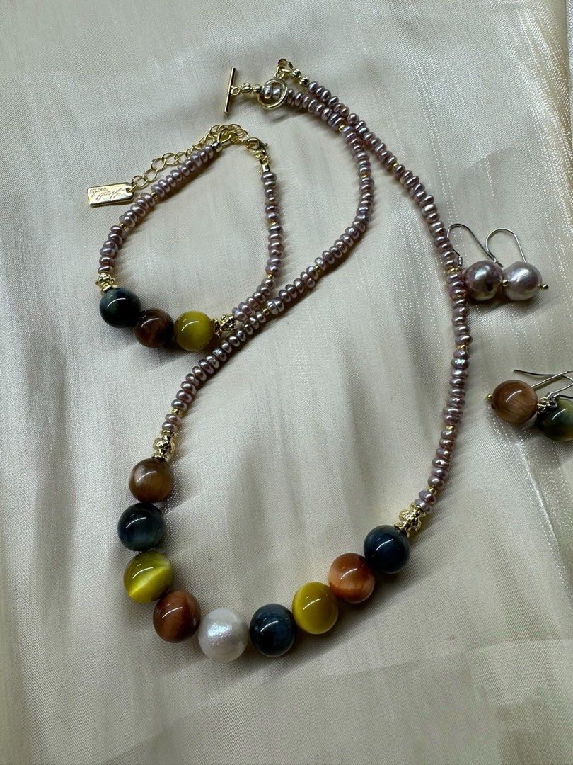 #PN23 Mysterious Eyes|Freshwater Pearl Necklace & Bracelet & Earrings Set|Tiger’s Eye Stone|Baby Baroque Pearl |Lustrous