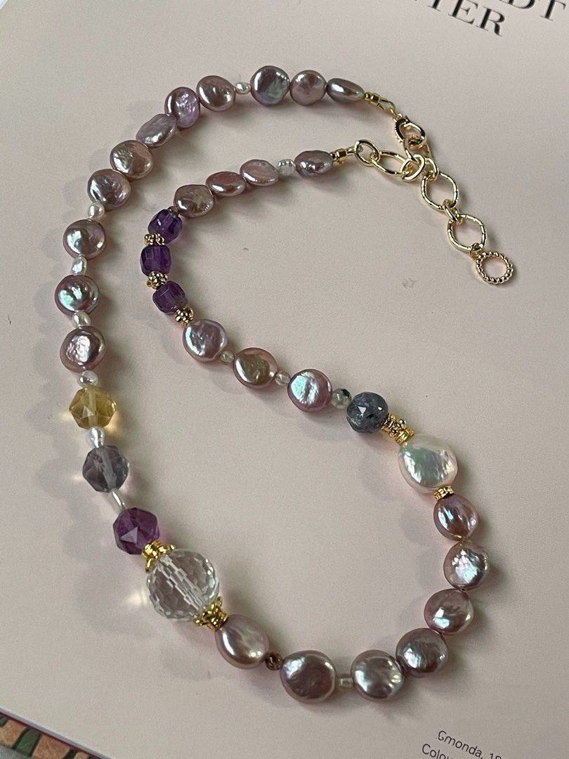 #PN06 Pearl Whispers |Freshwater Pearl Necklace |Lustrous Coin Pearls|Fluorite, Amethyst, Clear Quartz