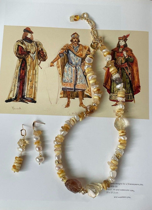 #PN35 Luminous Layers| Freshwater Pearl Necklace & Earrings Set | Beeswax Stack|Pearl “Chip”| Citrine Freeform | Big Black Gold Super 7 Free Form|Fluorite