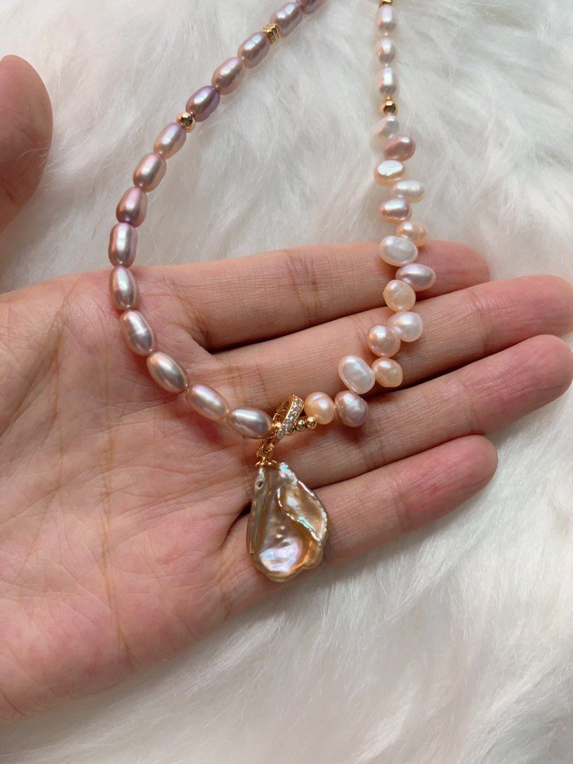 #PN284 Radiance of the Sea| Freshwater Pearl Necklace | Wheat Ears Design| Removable Pendant | Lustrous | Big Petal Pearl | Rice Pearl
