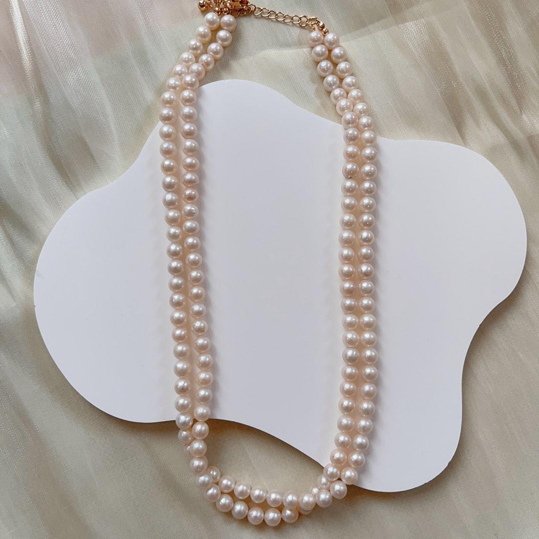 #PN93 Double-layered Genuine Freshwater Pearl Necklace White Round Pearls 5mm