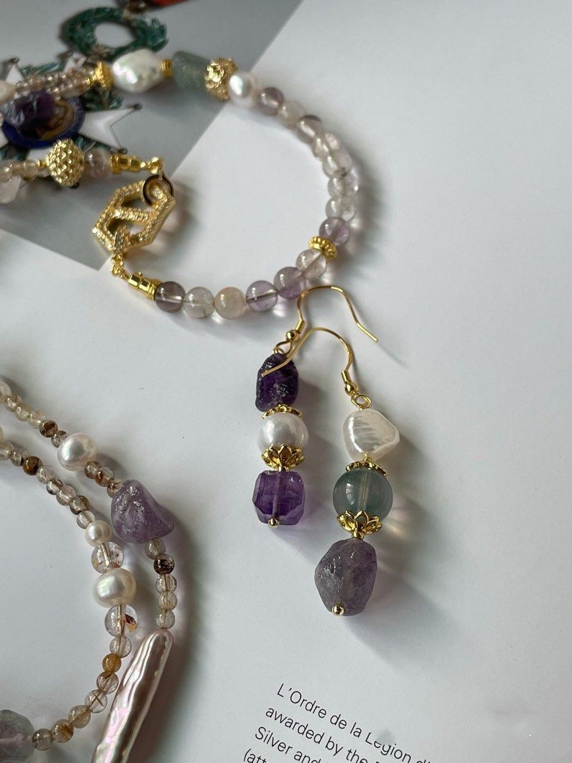 #PN249 Purely Natural |Freshwater Pearl Necklace & Earrings Set|Faceted Fluorite |Double-layer|Purple Phantom