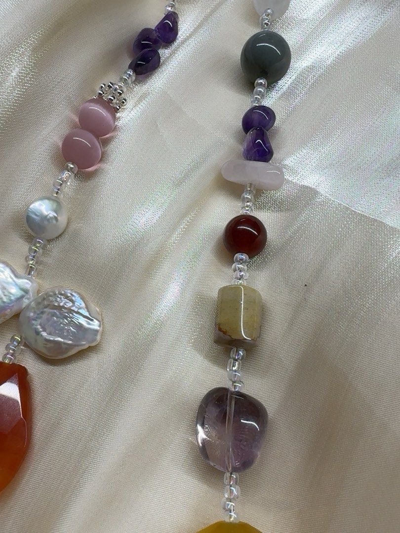 #PN16 Dreamy Connection | Freshwater Pearl Necklace | Big Faceted Agate| Amethyst Freeform |Big Petal Pearl |Rose Quartz Square |Garnet|Clear Quartz Faceted