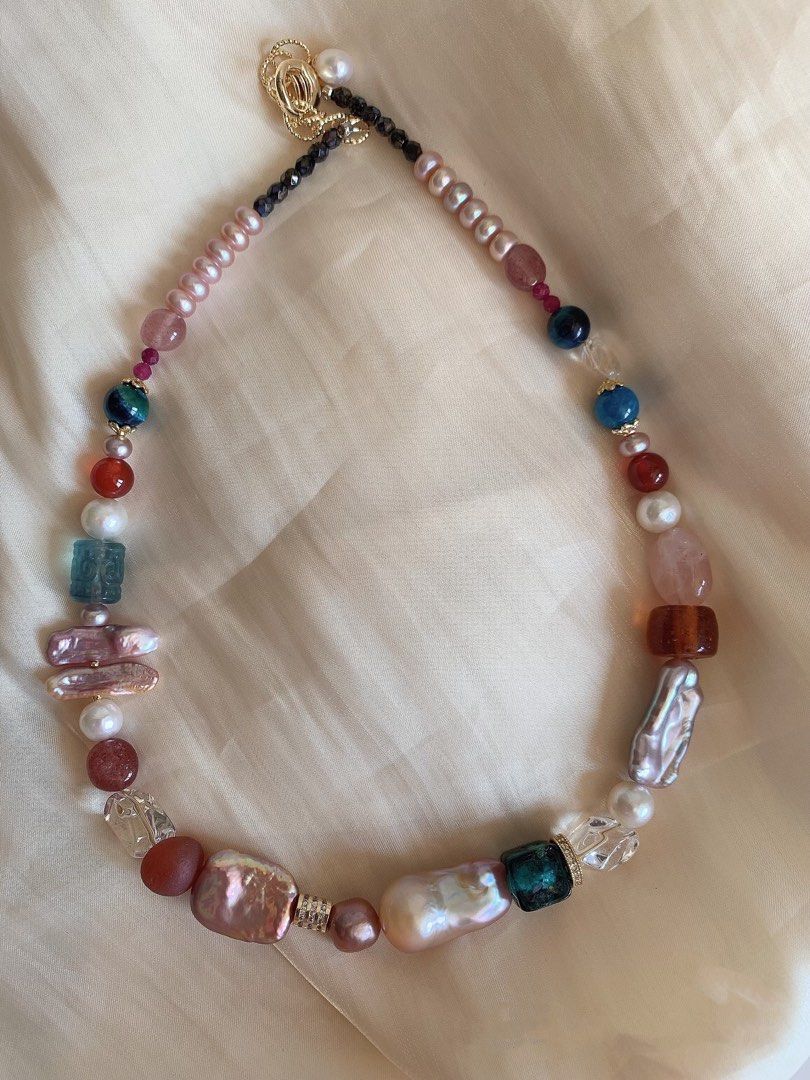 #PN206 Handmade Original Design Freshwater Pearl Necklace & Bracelet Set|Baroque Pearl |Edison Pearl |Natural Stones |Rose Quartz|White Agate|Red & Green Fluorite