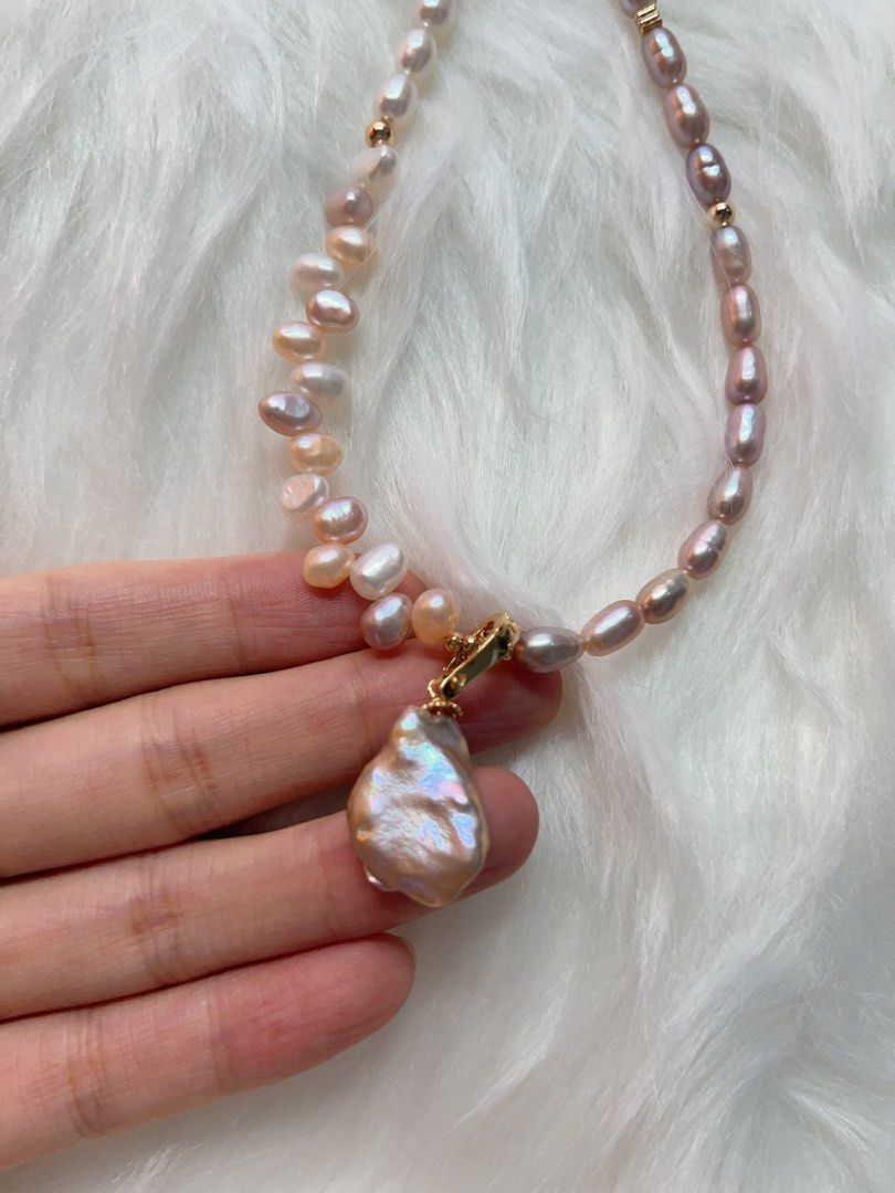 #PN284 Radiance of the Sea| Freshwater Pearl Necklace | Wheat Ears Design| Removable Pendant | Lustrous | Big Petal Pearl | Rice Pearl