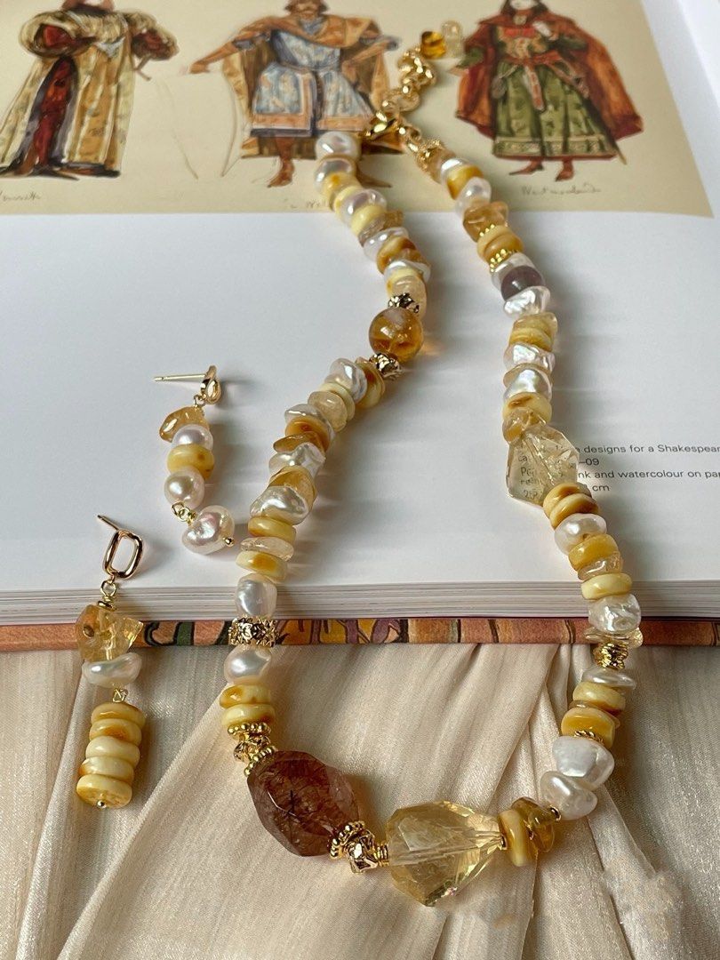 #PN35 Luminous Layers| Freshwater Pearl Necklace & Earrings Set | Beeswax Stack|Pearl “Chip”| Citrine Freeform | Big Black Gold Super 7 Free Form|Fluorite
