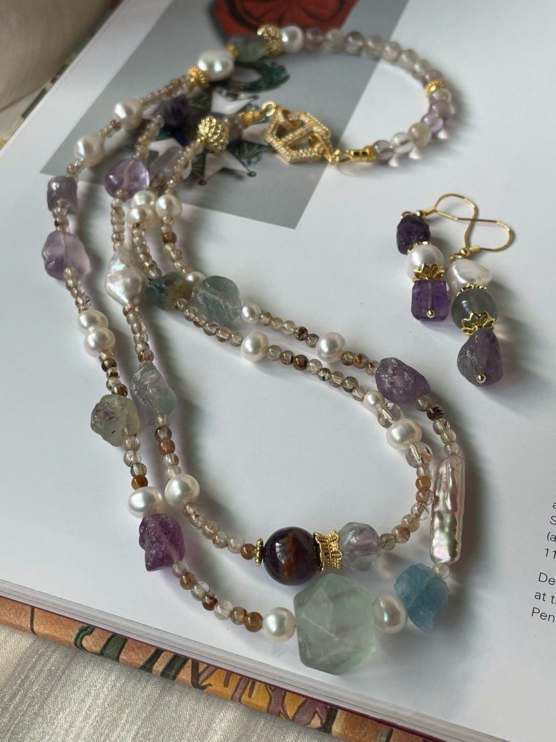 #PN249 Purely Natural |Freshwater Pearl Necklace & Earrings Set|Faceted Fluorite |Double-layer|Purple Phantom