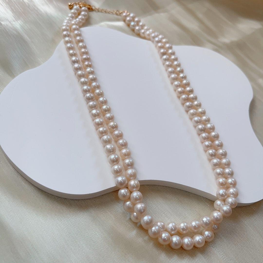 #PN93 Double-layered Genuine Freshwater Pearl Necklace White Round Pearls 5mm