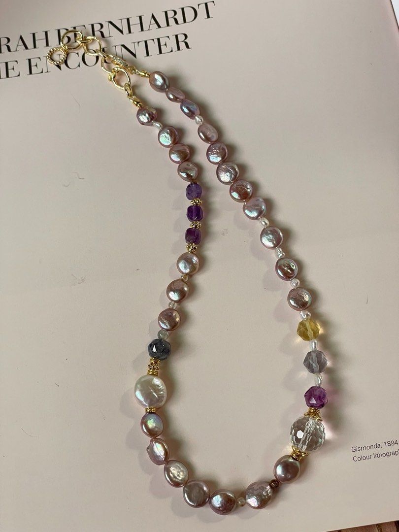 #PN06 Pearl Whispers |Freshwater Pearl Necklace |Lustrous Coin Pearls|Fluorite, Amethyst, Clear Quartz