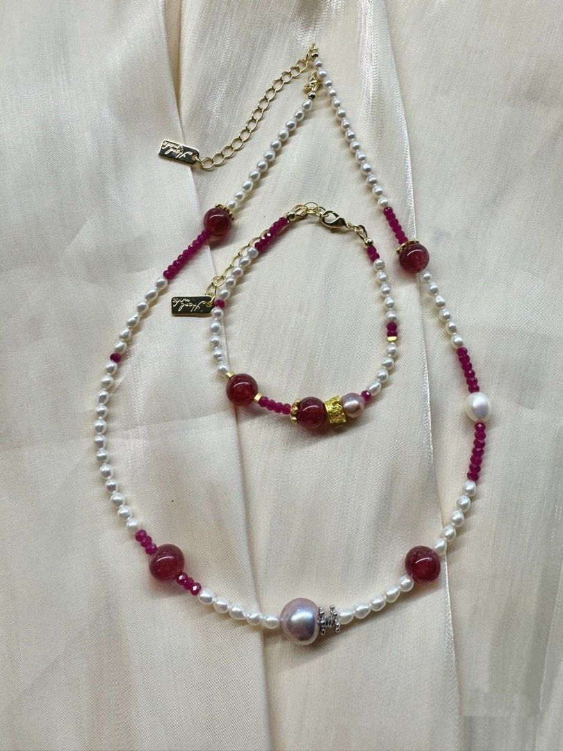 #PN221 Wonderland |Freshwater Pearl Necklace & Bracelet Set |Ruby|Strawberry Quartz |Baby Baroque Pearl |Metallic Edison Pearl