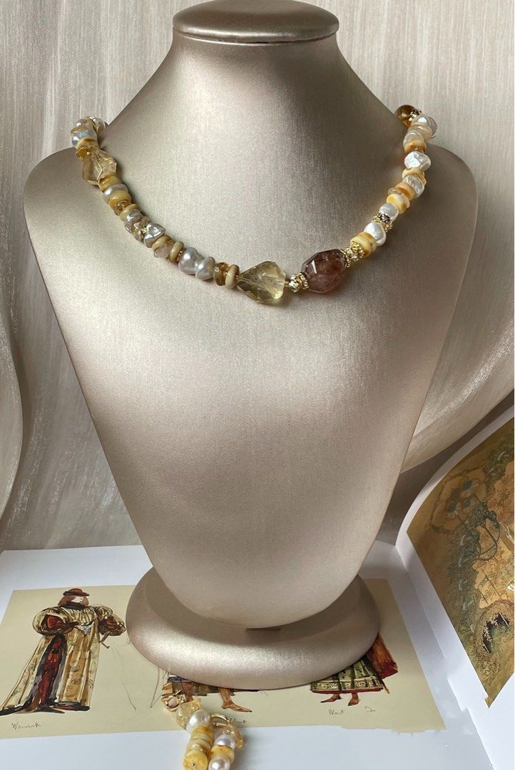 #PN35 Luminous Layers| Freshwater Pearl Necklace & Earrings Set | Beeswax Stack|Pearl “Chip”| Citrine Freeform | Big Black Gold Super 7 Free Form|Fluorite