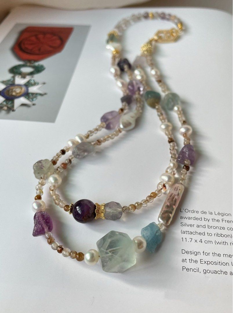 #PN249 Purely Natural |Freshwater Pearl Necklace & Earrings Set|Faceted Fluorite |Double-layer|Purple Phantom