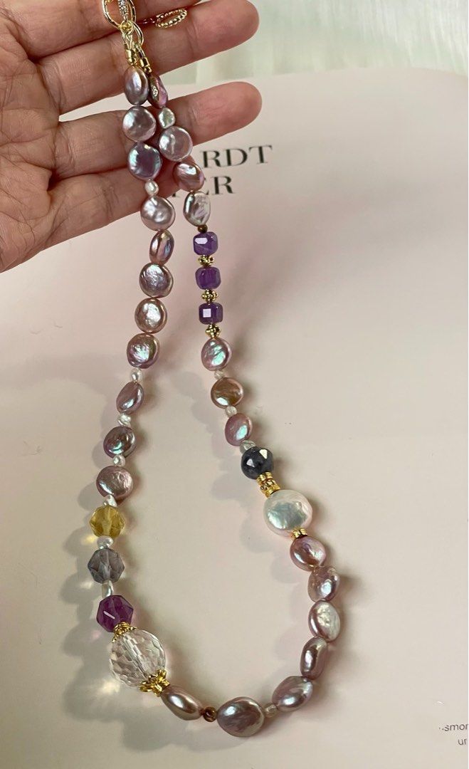 #PN06 Pearl Whispers |Freshwater Pearl Necklace |Lustrous Coin Pearls|Fluorite, Amethyst, Clear Quartz