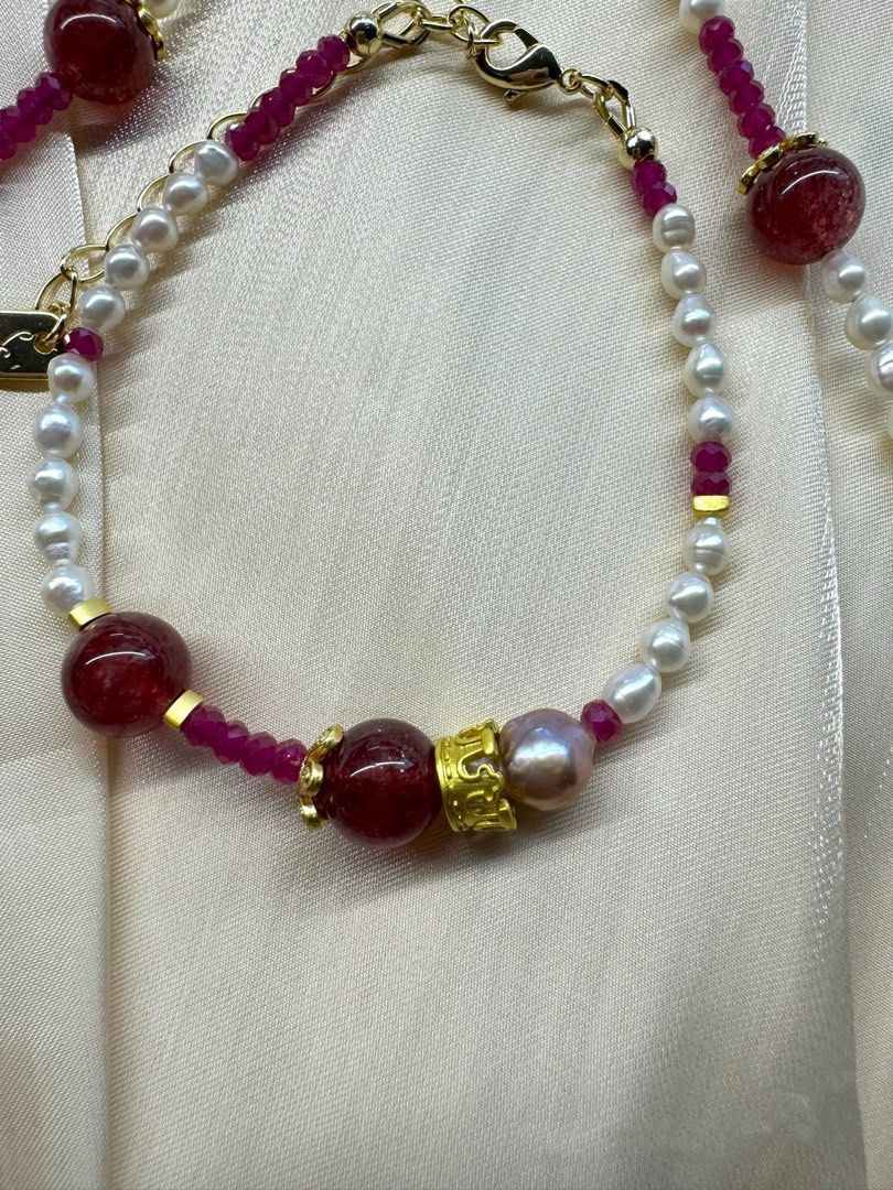 #PN221 Wonderland |Freshwater Pearl Necklace & Bracelet Set |Ruby|Strawberry Quartz |Baby Baroque Pearl |Metallic Edison Pearl