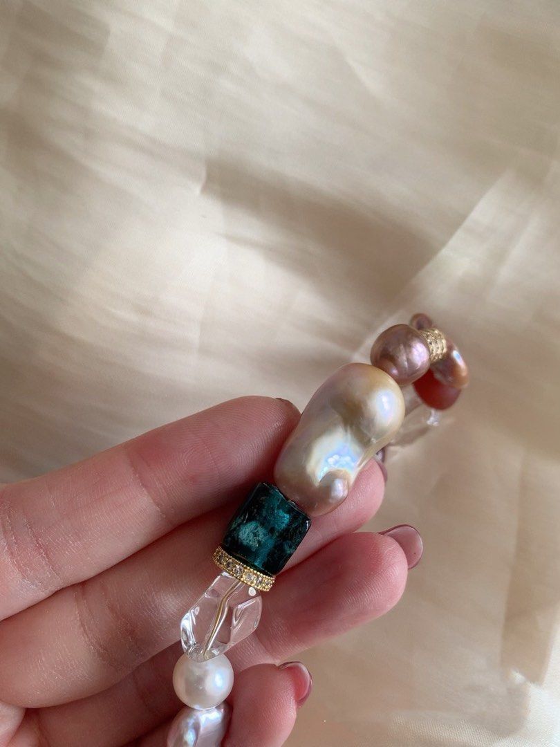 #PN206 Handmade Original Design Freshwater Pearl Necklace & Bracelet Set|Baroque Pearl |Edison Pearl |Natural Stones |Rose Quartz|White Agate|Red & Green Fluorite