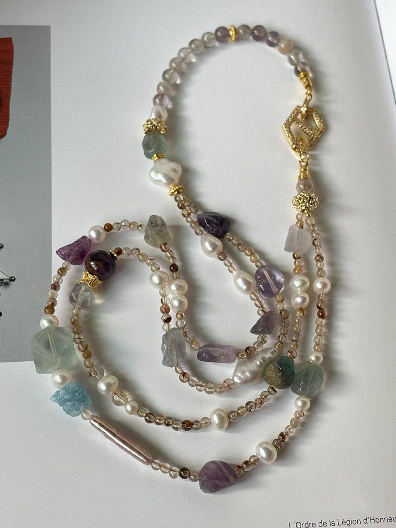 #PN249 Purely Natural |Freshwater Pearl Necklace & Earrings Set|Faceted Fluorite |Double-layer|Purple Phantom