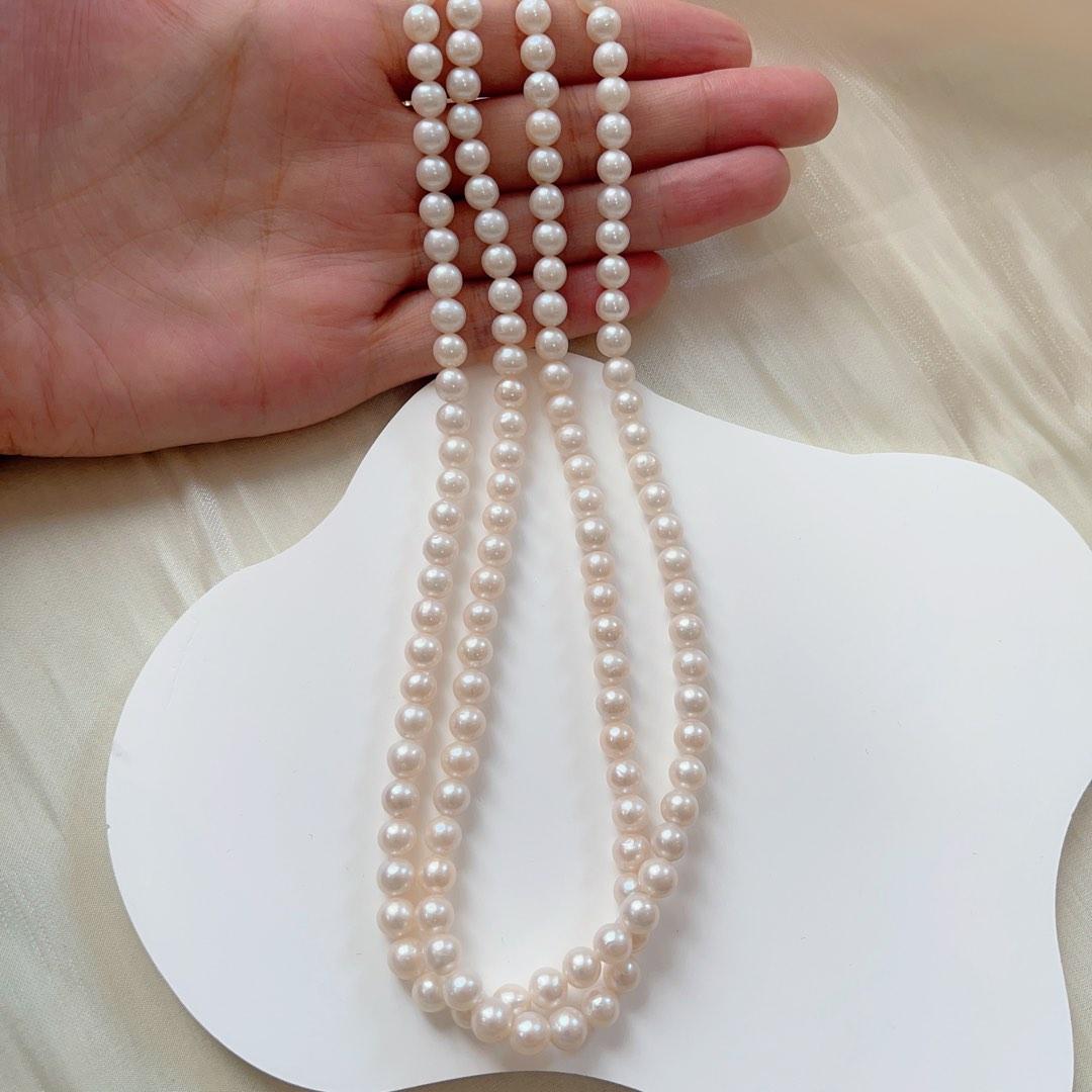 #PN93 Double-layered Genuine Freshwater Pearl Necklace White Round Pearls 5mm