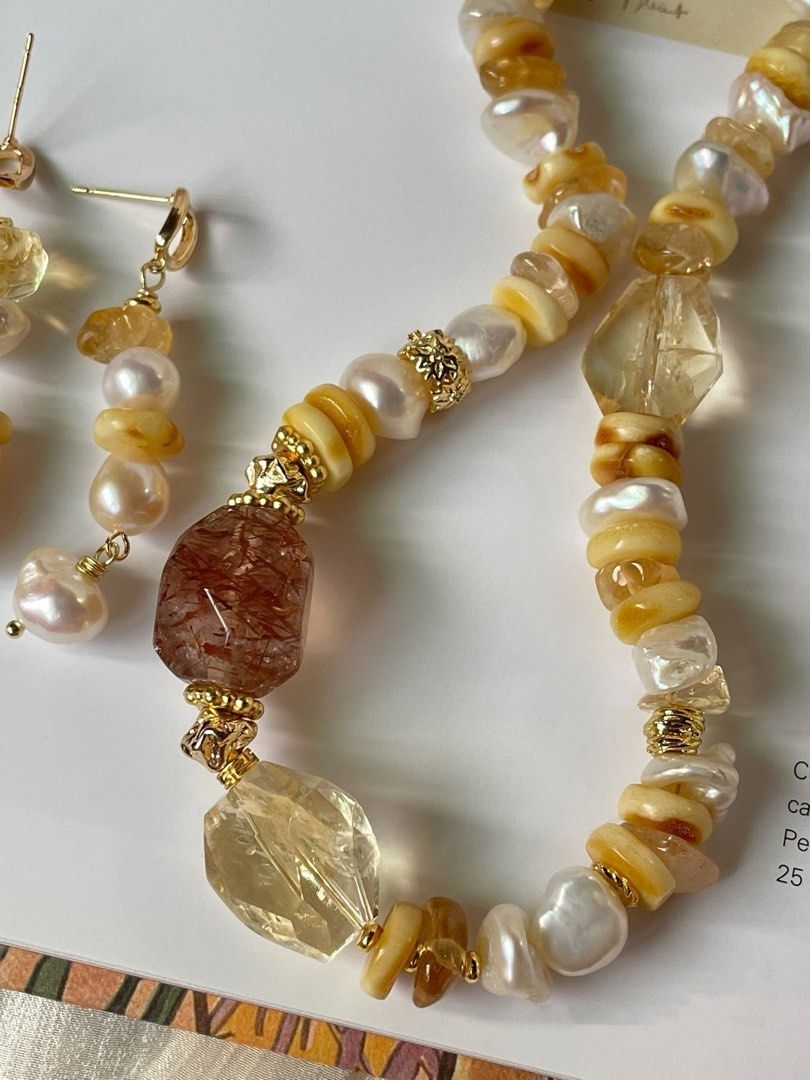 #PN35 Luminous Layers| Freshwater Pearl Necklace & Earrings Set | Beeswax Stack|Pearl “Chip”| Citrine Freeform | Big Black Gold Super 7 Free Form|Fluorite