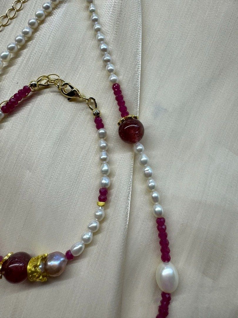 #PN221 Wonderland |Freshwater Pearl Necklace & Bracelet Set |Ruby|Strawberry Quartz |Baby Baroque Pearl |Metallic Edison Pearl