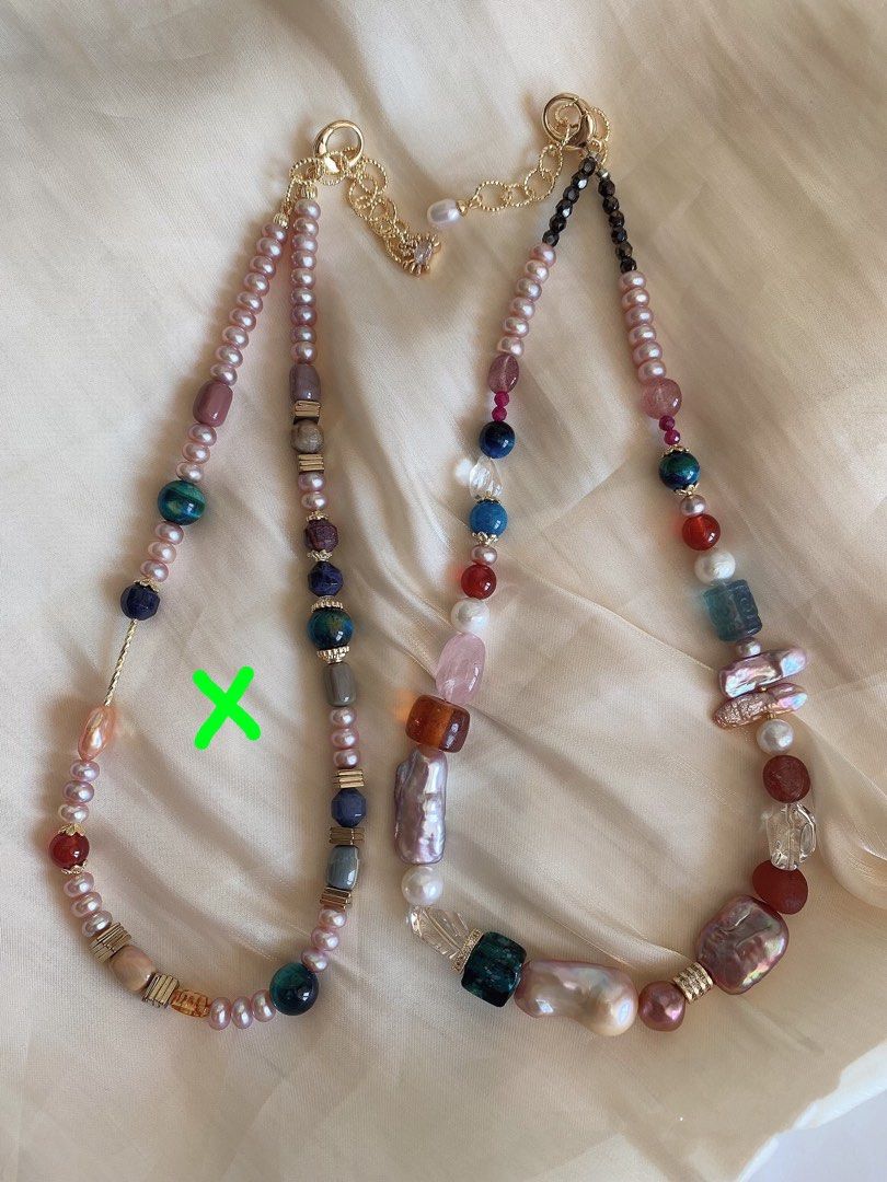 #PN206 Handmade Original Design Freshwater Pearl Necklace & Bracelet Set|Baroque Pearl |Edison Pearl |Natural Stones |Rose Quartz|White Agate|Red & Green Fluorite