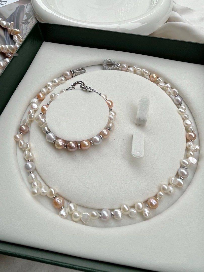 #PN250 Candy Crush |Freshwater Pearl Necklace & Bracelet Set |Zircon Clasp|Baroque Pearl |Irregular|Lustrous