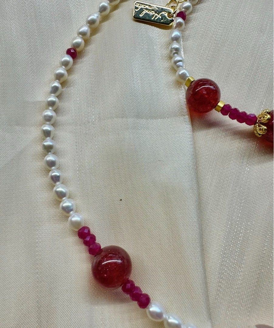 #PN221 Wonderland |Freshwater Pearl Necklace & Bracelet Set |Ruby|Strawberry Quartz |Baby Baroque Pearl |Metallic Edison Pearl