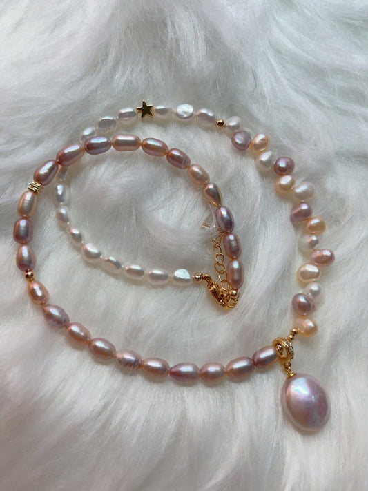 #PN285 Tender Pearl| Freshwater Pearl Necklace | Colorful Wheat Ear| Removable Pendant | Lustrous Coin Pearl | Metallic Rice Pearl