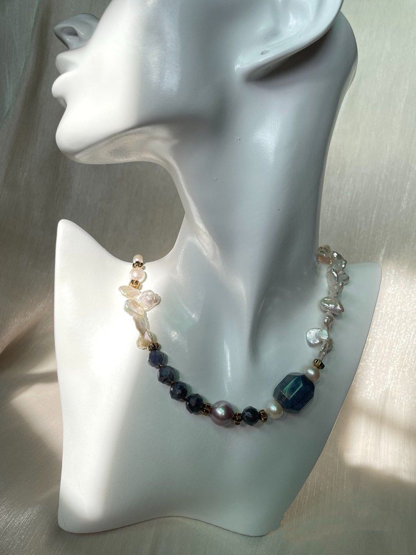 #PN75 Pearlescent Bliss| Freshwater Pearl Necklace | Big Sodalite Faceted| Flower Petal Baroque Pearl | Edison Pearl | Iolite