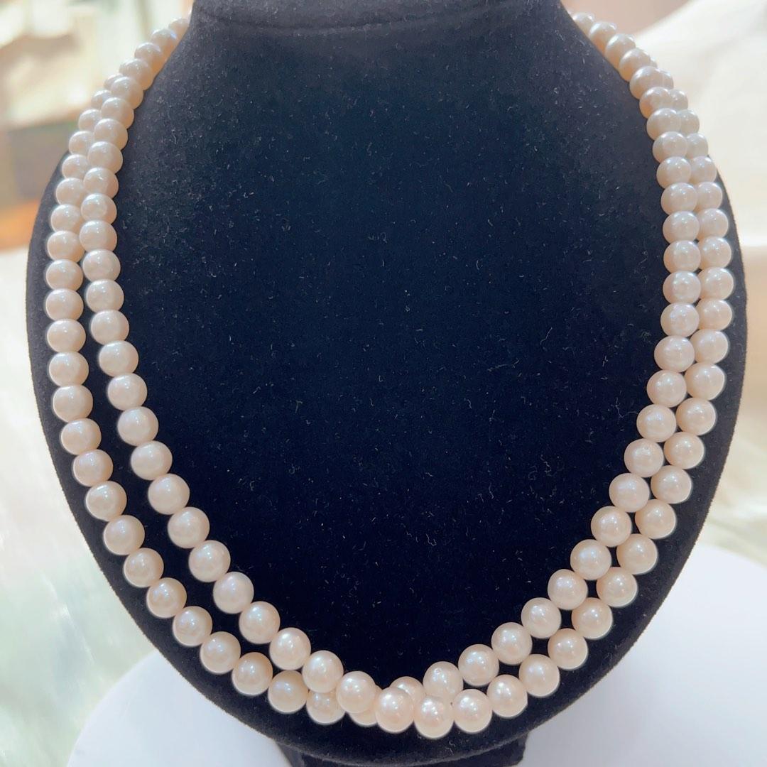 #PN93 Double-layered Genuine Freshwater Pearl Necklace White Round Pearls 5mm