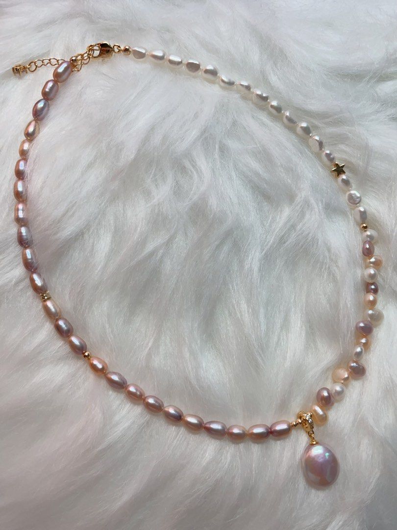 #PN285 Tender Pearl| Freshwater Pearl Necklace | Colorful Wheat Ear| Removable Pendant | Lustrous Coin Pearl | Metallic Rice Pearl