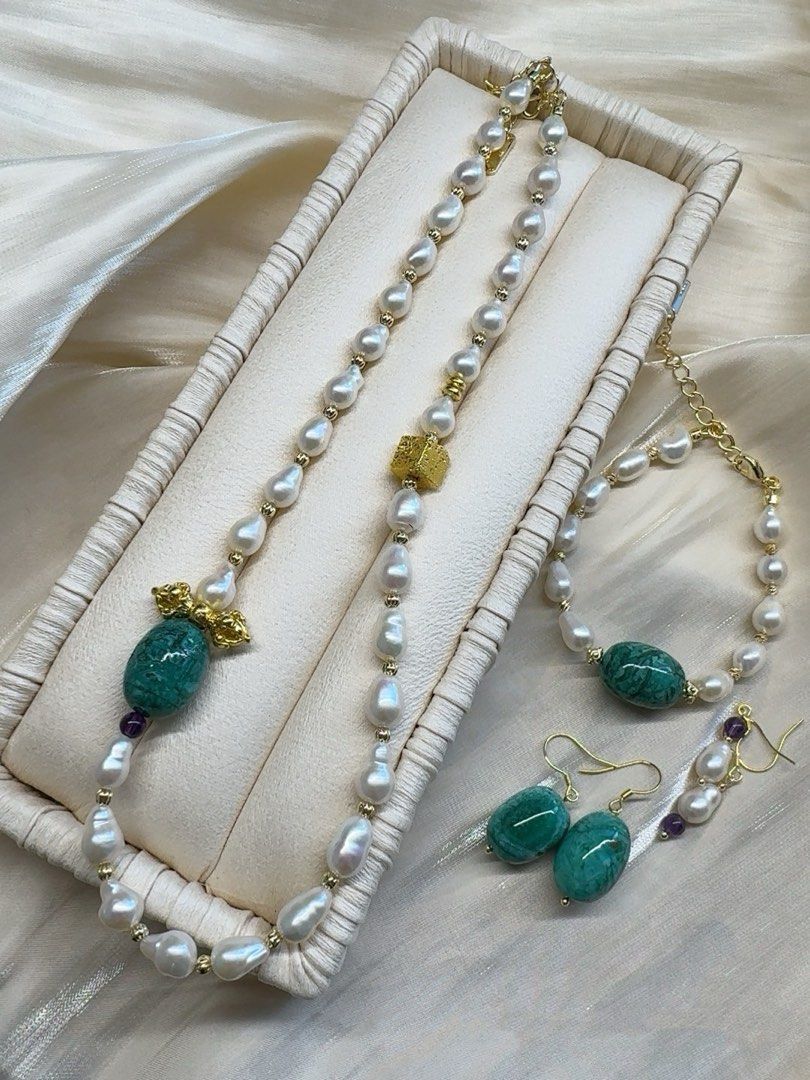 #PN222 Sleek Modern | Freshwater Pearl Necklace & Bracelet & Earrings Set| Gourd Shaped Pearl| Natural Stones