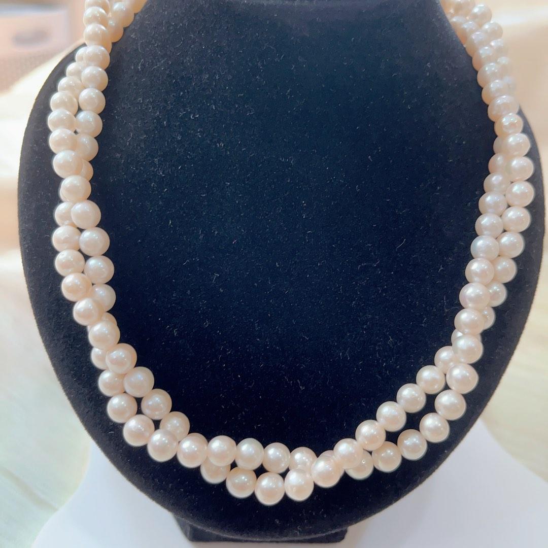 #PN93 Double-layered Genuine Freshwater Pearl Necklace White Round Pearls 5mm