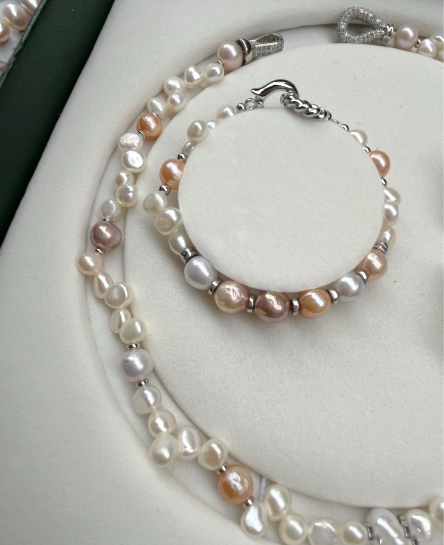 #PN250 Candy Crush |Freshwater Pearl Necklace & Bracelet Set |Zircon Clasp|Baroque Pearl |Irregular|Lustrous