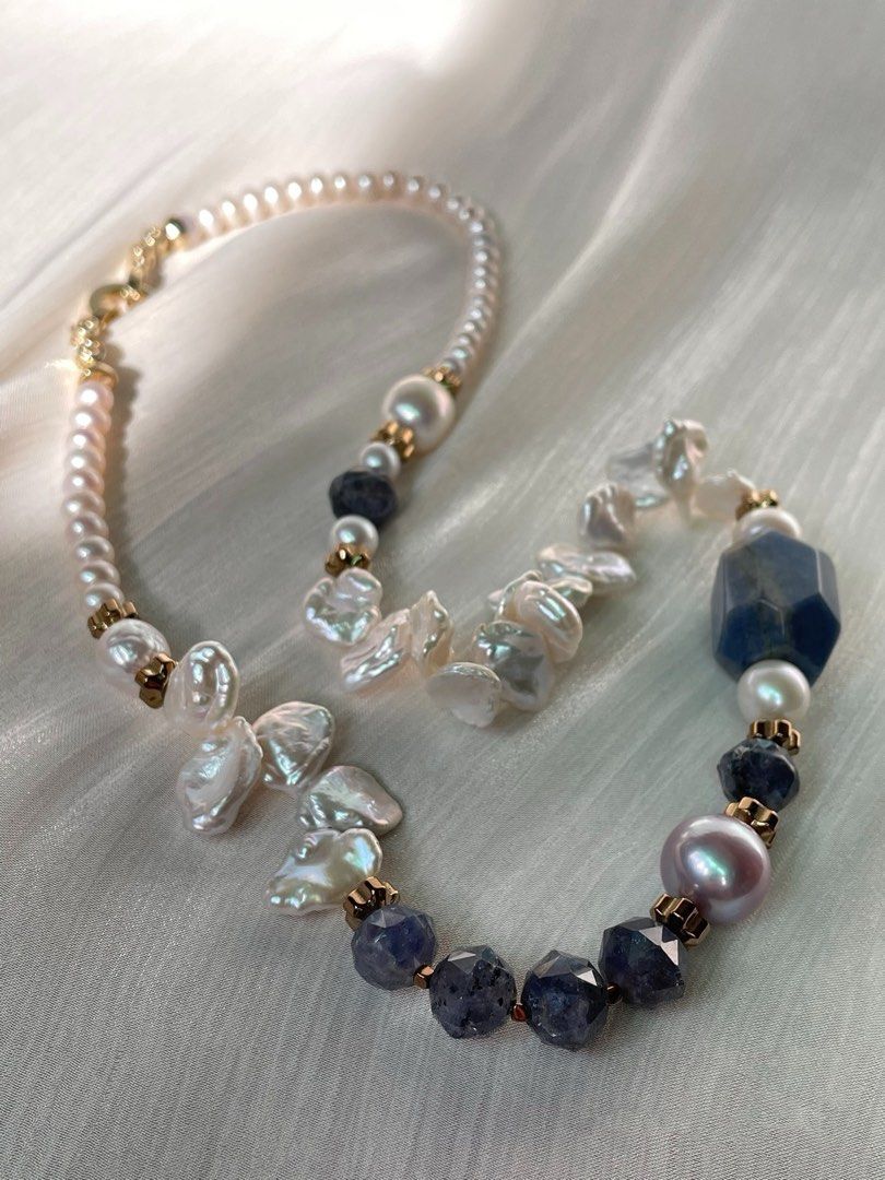 #PN75 Pearlescent Bliss| Freshwater Pearl Necklace | Big Sodalite Faceted| Flower Petal Baroque Pearl | Edison Pearl | Iolite