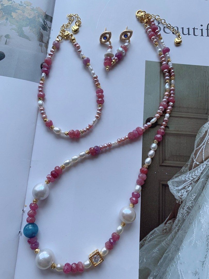 #PN207 Freshwater Pearl Necklace & Bracelet & Earrings Set| Tourmaline|White Edison & Pink Baroque Pearls