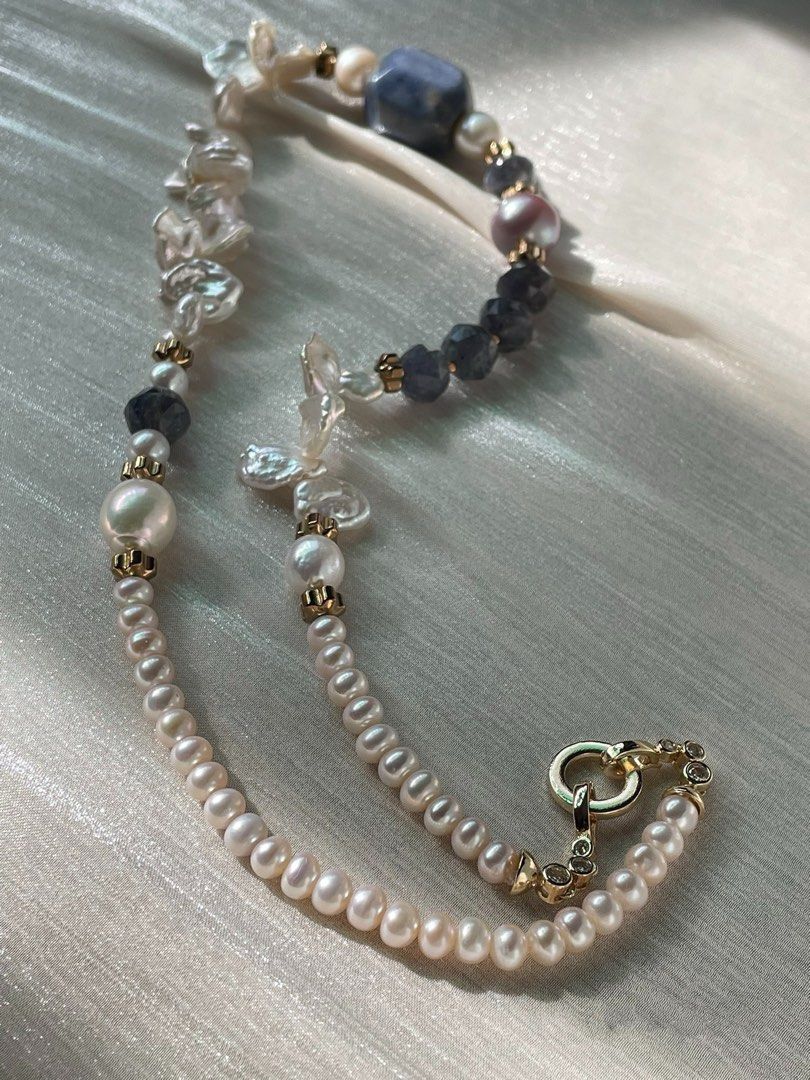 #PN75 Pearlescent Bliss| Freshwater Pearl Necklace | Big Sodalite Faceted| Flower Petal Baroque Pearl | Edison Pearl | Iolite