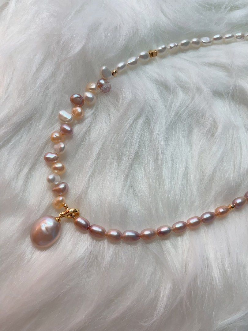#PN285 Tender Pearl| Freshwater Pearl Necklace | Colorful Wheat Ear| Removable Pendant | Lustrous Coin Pearl | Metallic Rice Pearl