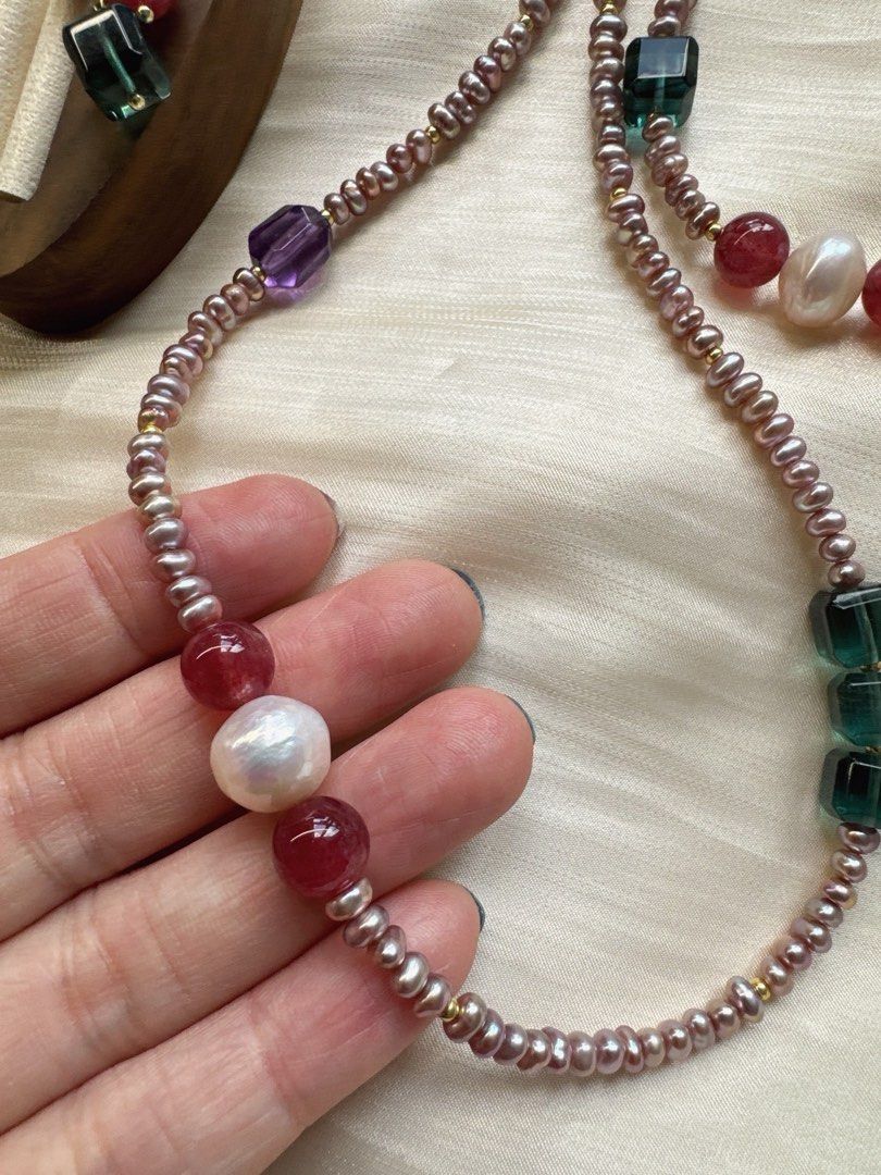 #PN15 Green Grapes| Freshwater Pearl Necklace & Bracelet & Earrings Set | High Quality Green Fluorite Cube|Amethyst Cube| Strawberry Quartz |Baby Baroque Keshi Pearl