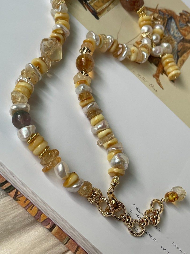#PN35 Luminous Layers| Freshwater Pearl Necklace & Earrings Set | Beeswax Stack|Pearl “Chip”| Citrine Freeform | Big Black Gold Super 7 Free Form|Fluorite