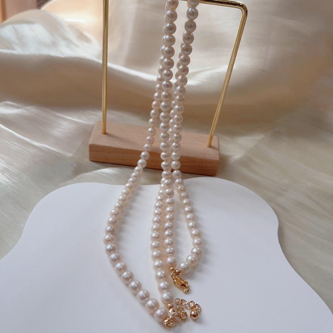 #PN93 Double-layered Genuine Freshwater Pearl Necklace White Round Pearls 5mm