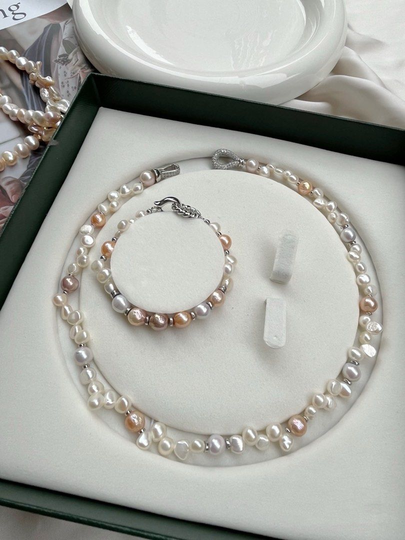 #PN250 Candy Crush |Freshwater Pearl Necklace & Bracelet Set |Zircon Clasp|Baroque Pearl |Irregular|Lustrous