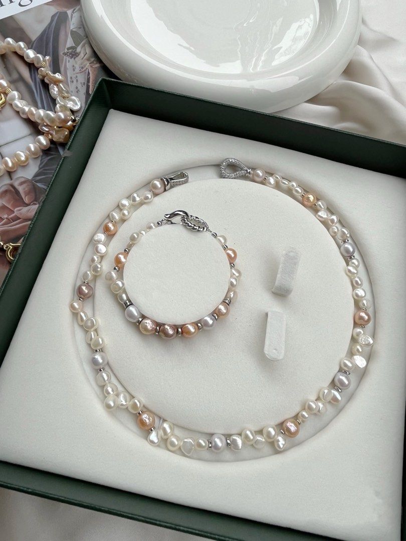 #PN250 Candy Crush |Freshwater Pearl Necklace & Bracelet Set |Zircon Clasp|Baroque Pearl |Irregular|Lustrous