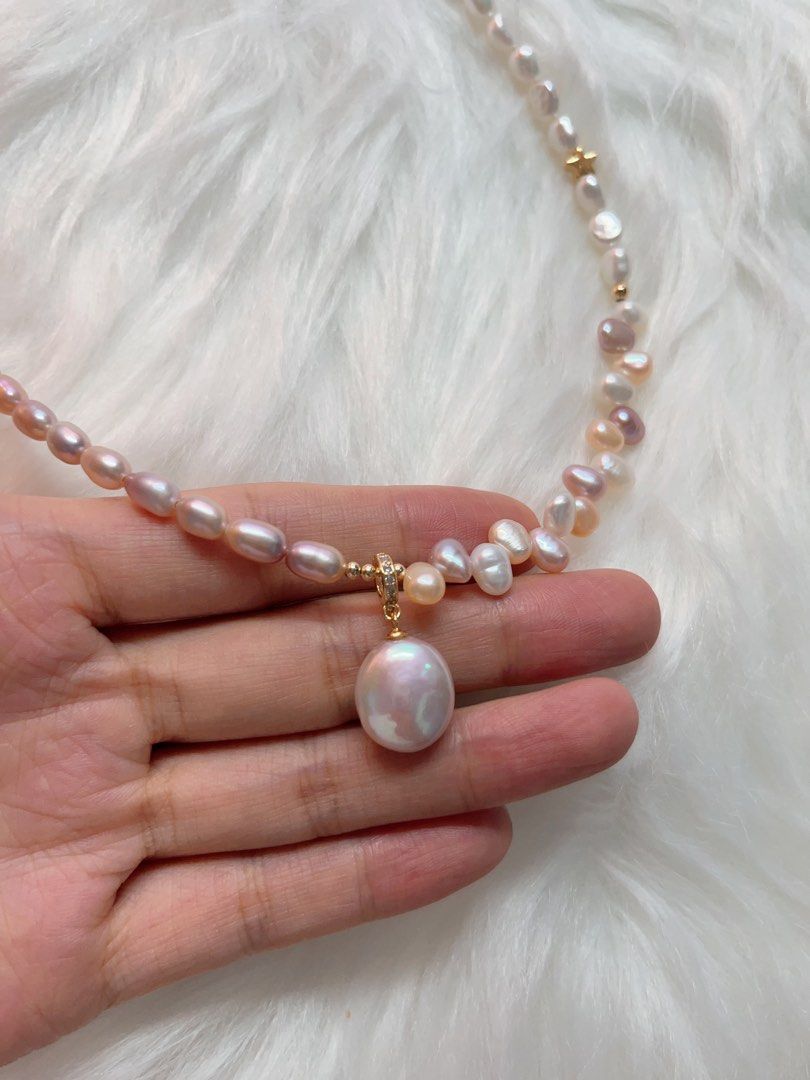 #PN285 Tender Pearl| Freshwater Pearl Necklace | Colorful Wheat Ear| Removable Pendant | Lustrous Coin Pearl | Metallic Rice Pearl